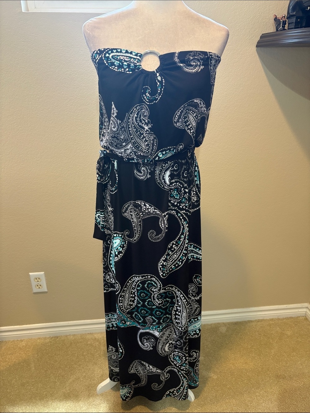 White House Black Market Black Strapless Paisley Maxi Dress w/Teal Accents-M
